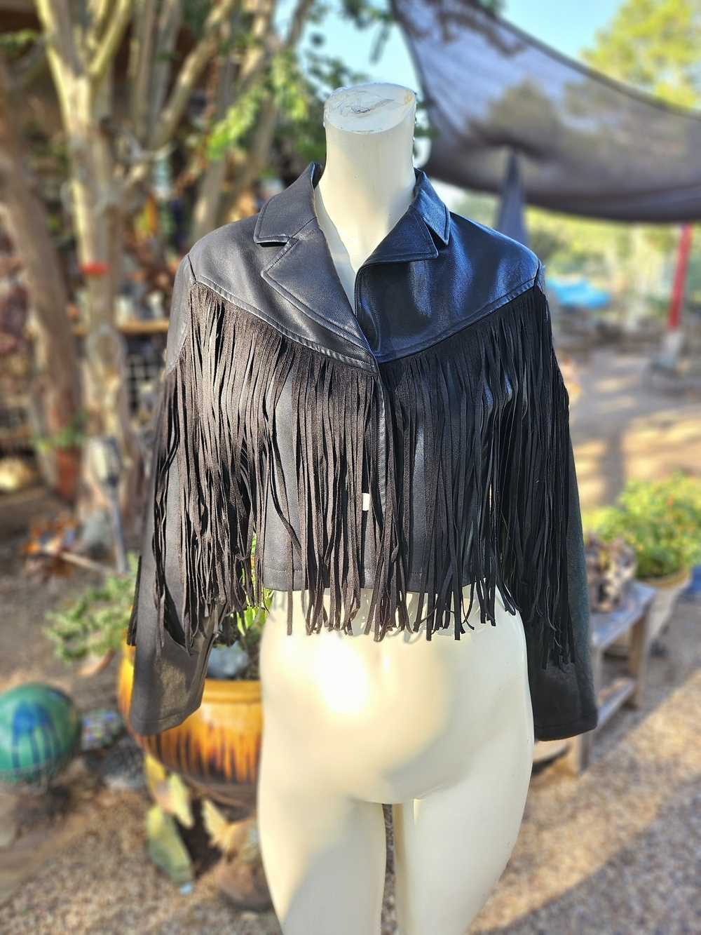 KITTENISH Black Faux Leather Moto Fringed Cropped Jacket - XS